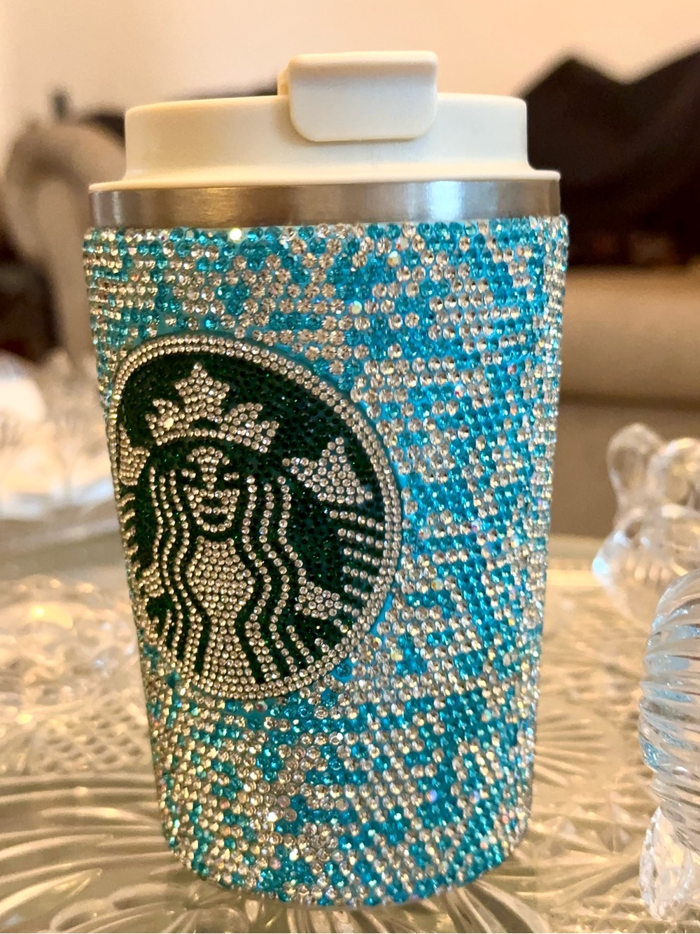 Starbucks Rhinestone Travel Cup - Turquoise & Silver Sparkle